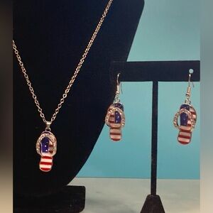 Patriotic Flip-Flop Pendant Necklace and Earrings Set -Silver Tone